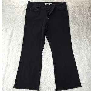 Tahari Black Crop Flare Jeans Women's Size 14 Petite Frayed Hem Button Fly Denim